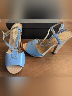 Denim Blue Leather, Wooden Heel